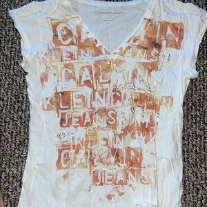 Calvin Klein White and Orange Graphic Fitted T-Shirt